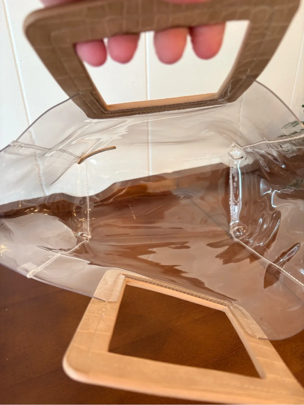 Clear PVC Tote with Tan Square Handles Modern & Easy to Style Structured Light